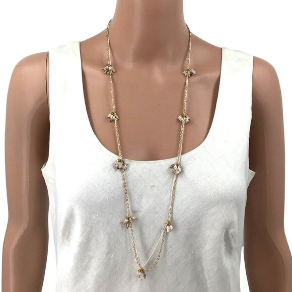 Beaded Crystal Flowers Necklace Multi Strand Long Length Gold Tone White Pink - Picture 1 of 3